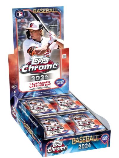 Baseball hobby box with Topps Chrome 2024 series and player image.