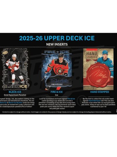 Ice hockey trading cards from 2025-26 Upper Deck Ice series with new inserts.