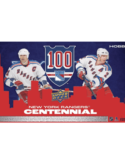 New York Rangers Centennial hockey card with players and skyline.
