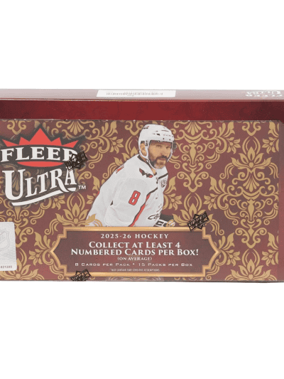 Hockey trading card box for 2025-26 Fleer Ultra series with player image.