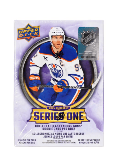 Hockey blaster box with player and logo for 2025-26 Upper Deck Series 1.