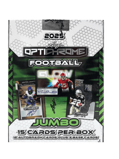 2025 Leaf Optichrome Football Jumbo Box with collectible cards and autographs.