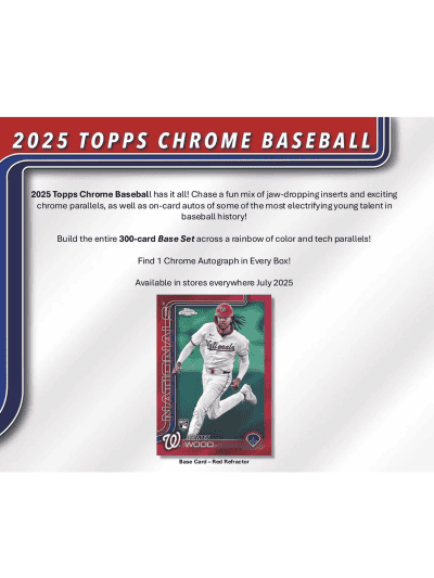 2025 Topps Chrome Baseball card with player image and colorful design.