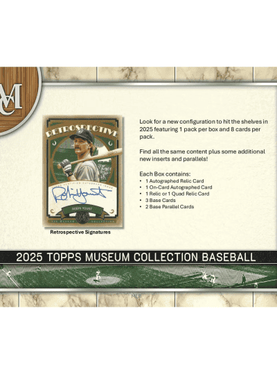 Baseball hobby box with signature cards and relics from 2025 Topps Museum Collection.