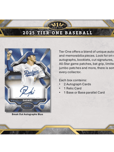 Baseball card from 2025 Tier One Hobby Box with autographs and memorabilia.