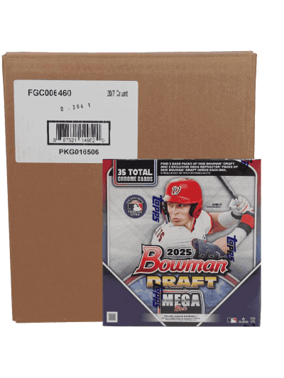 Box of Bowman Mega Draft Baseball Cards 2025 with packaging and barcode.