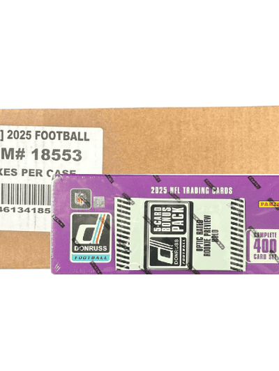Box of 2025 Panini Donruss Football trading cards for collectors.