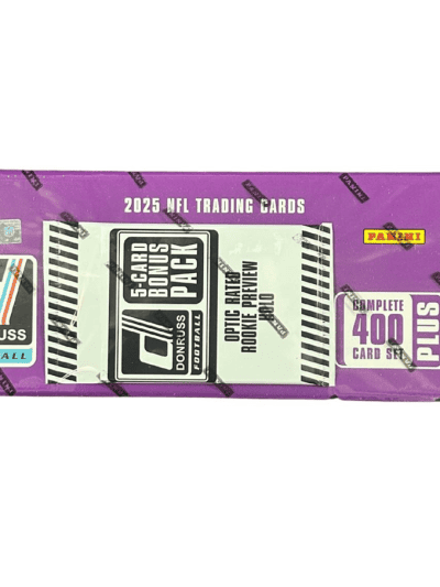 2025 NFL trading cards box with Panini Donruss branding.