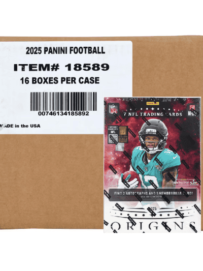 Box of 2025 Panini Origins Football trading cards with NFL player image.