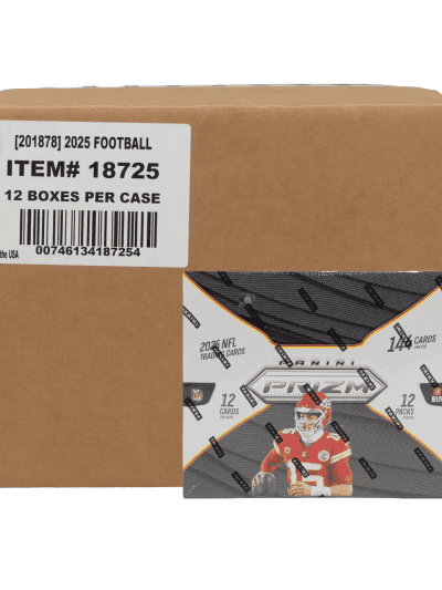 Box of 2025 Panini Prizm Football trading cards with NFL player image.