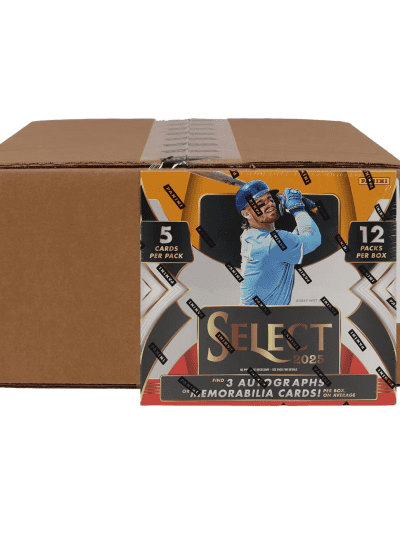 Box of 2025 Select memorabilia trading cards with athlete image and packaging details.