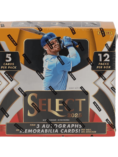 Panini Select 2025 baseball trading card box with player image.