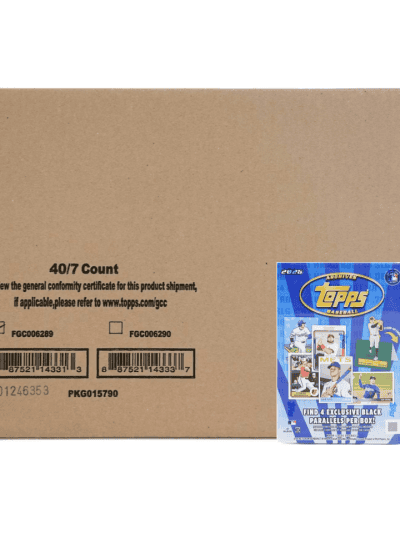 Brown shipping box with Topps trading card sticker for Mcollectors.