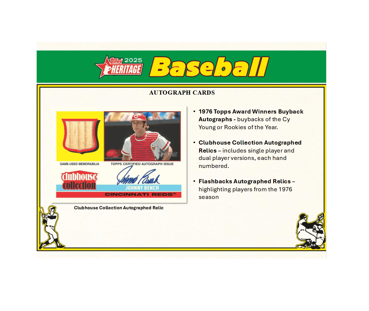 Baseball card featuring autographed relics and memorabilia from 1976 and 2025.
