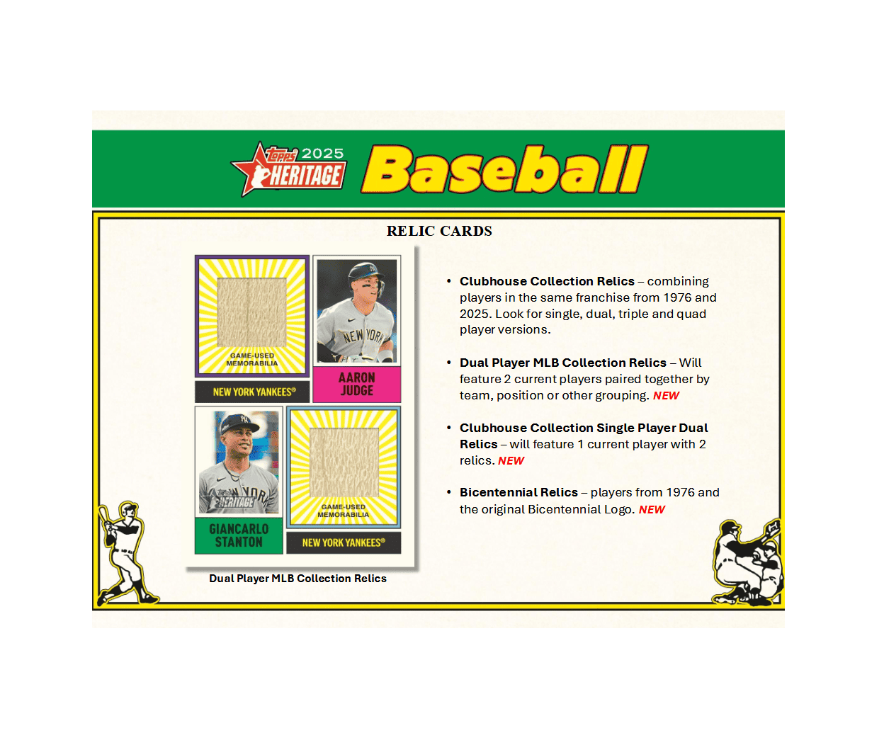 Baseball relic cards from 2025 Topps Heritage set with player images and relics.