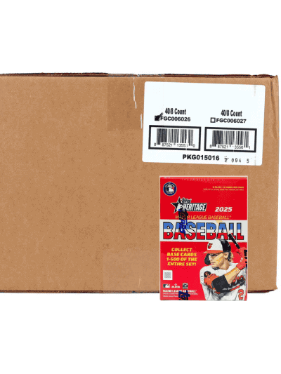 Box of 2025 baseball cards with player image and collectible label.