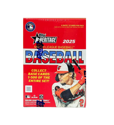 2025 Topps Heritage Baseball Blaster box with player image and logo.