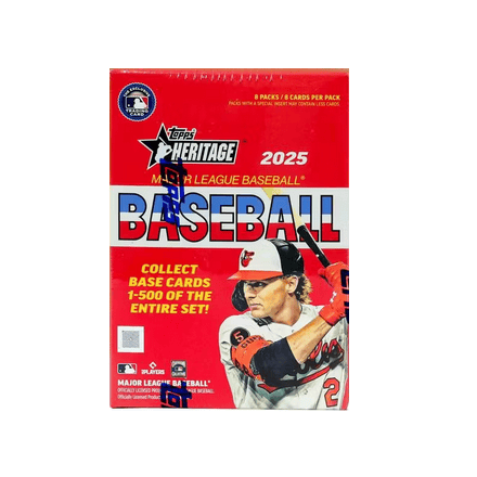2025 Topps Heritage Baseball Blaster box with player image and logo.