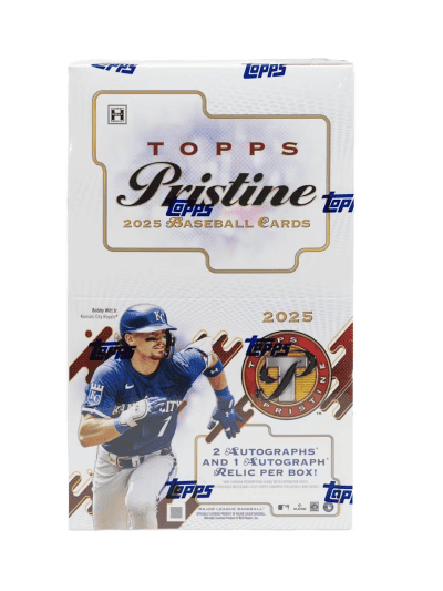 2025 Topps Pristine baseball card box with player image and autographs.