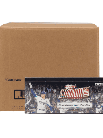 Baseball card box with Topps Stadium Club 2025 autographed card inside.