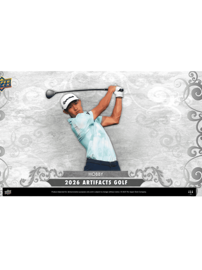 Young golfer swinging club during 2026 Upper Deck Artifacts Golf Hobby.