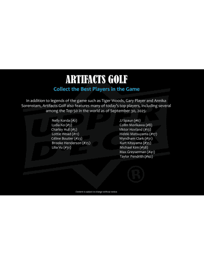 Artifacts Golf collectible card game featuring top players and game details.