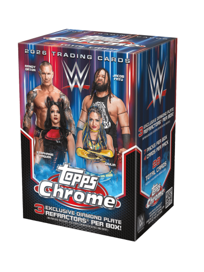 WWE Topps Chrome 2026 trading card blaster box with wrestlers.