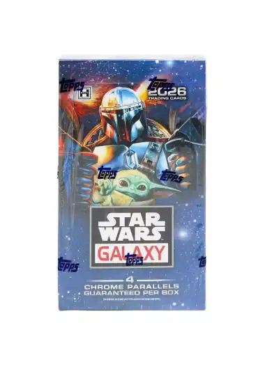 Star Wars Chrome Galaxy 2026 box with Boba Fett and Grogu.