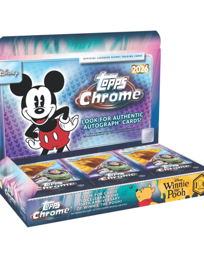 Topps Chrome Disney 2026 hobby box with Mickey Mouse and Winnie the Pooh.