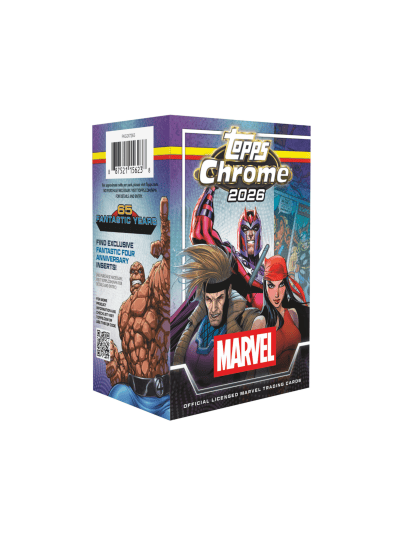 2026 Topps Chrome Marvel Blaster box with Marvel characters.
