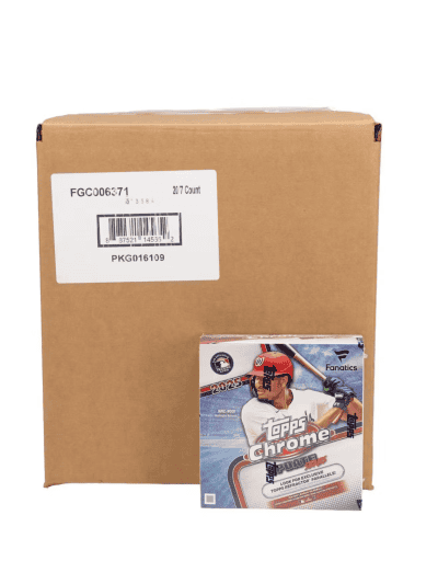 Shipping box with 2025 Topps Chrome Update Series baseball card inside.