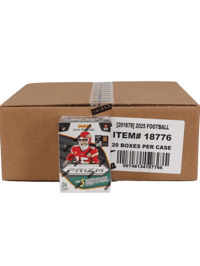 Box of 2025 Panini Prizm Football cards with a football player image.