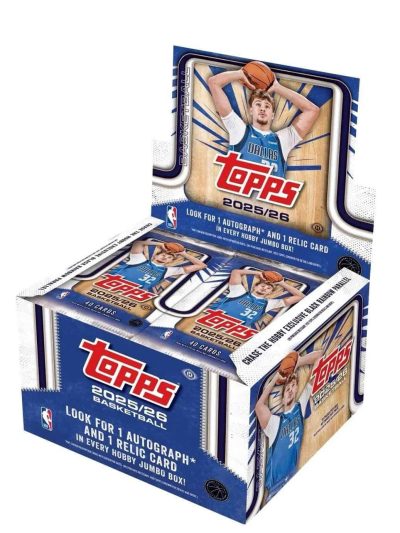 Topps Basketball 2025-26 hobby jumbo box with player card display.