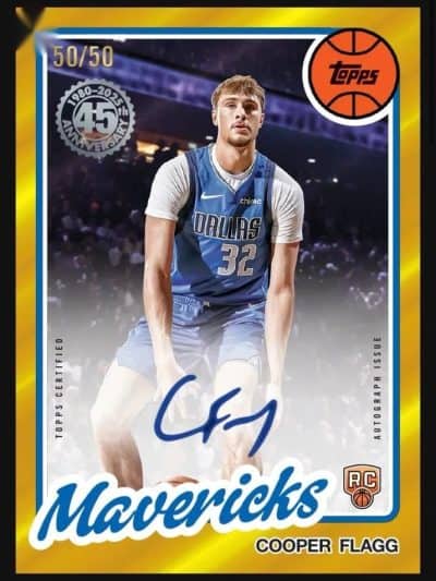 Mavericks basketball card featuring Cooper Flagg, 50/50 limited edition, Topps certified.