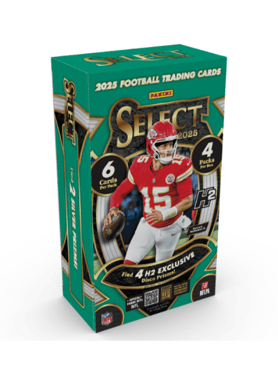 2025 Panini Select Football H2 Hybrid trading card box with player image.