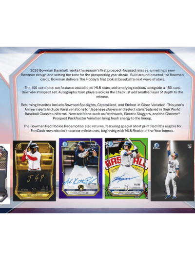 2026 Bowman Baseball cards featuring rookie and autographed cards.