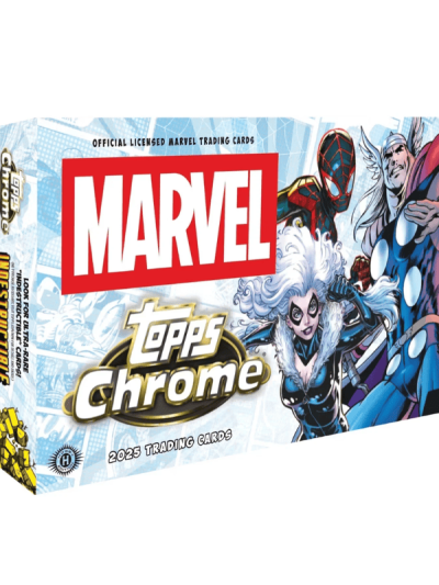 Marvel Chrome trading card box featuring Spider-Man, Wolverine, and other heroes.