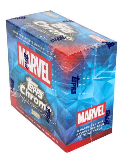 Marvel Chrome Sapphire 2025 hobby box with Marvel logo and blue design.