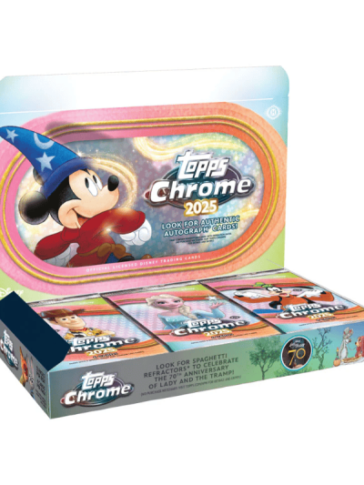 Disney Mickey Mouse Topps Chrome 2025 hobby box with cards inside.