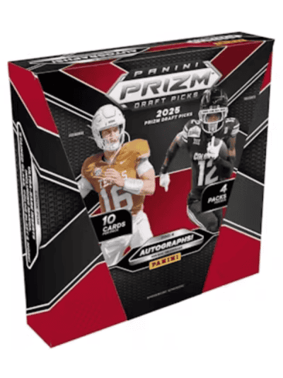 Panini Prizm Draft Picks 2025 football card box with players.