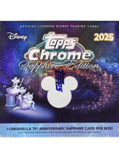 Disney Chrome Sapphire 2025 trading card box with Cinderella theme.