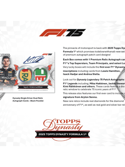 F1 2025 Topps Dynasty Formula 1 autograph cards with driver signatures and logos.