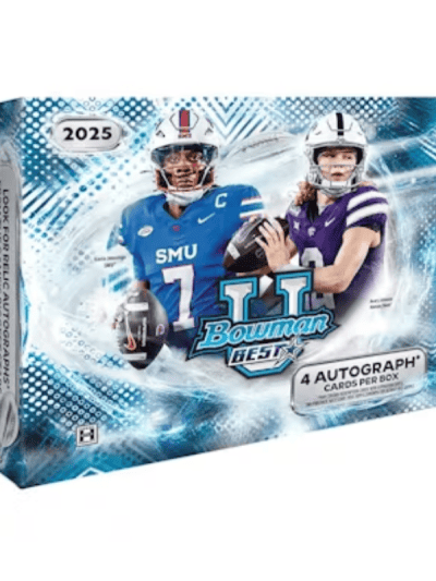 2025 Bowman Best football trading card box with players in helmets.