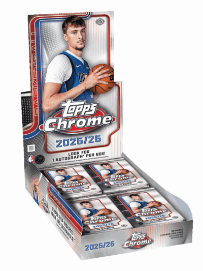 Topps Chrome 2025/26 basketball trading card box with player image.