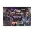 Marvel Studios Chrome 2025 trading card box with character and celebrity images.