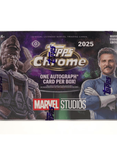 Marvel Studios Chrome 2025 trading card box with character and celebrity images.