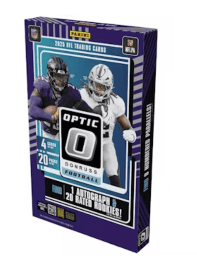 2025 Panini Donruss Optic Football trading card box with players.