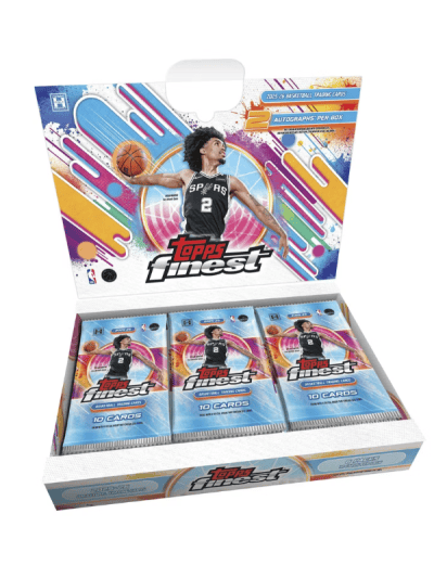 Basketball trading card boxes from Topps Finest with colorful design.