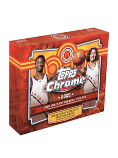 Topps Chrome 2025 basketball card box with players on front.