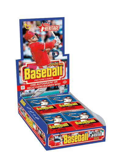 Baseball card display box for 2026 Topps Heritage with player image.